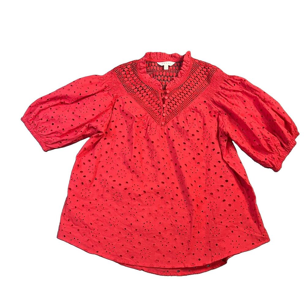 Adiva Red Crochet Eyelet Puff Sleeve Top Cottage Boho Festival Womens Size L